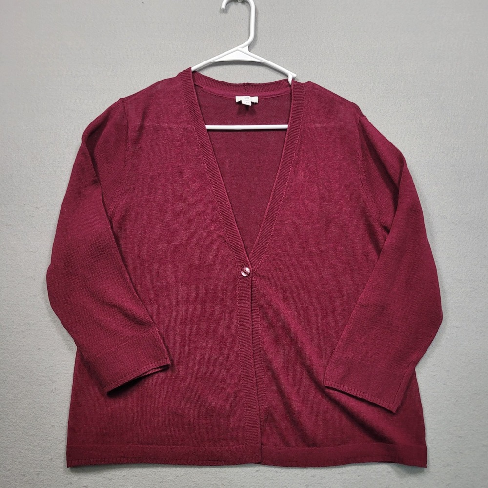J Jill Womens Medium Cardigan Sweater Burgundy V-Neck Button Front 3/4 Sleeve